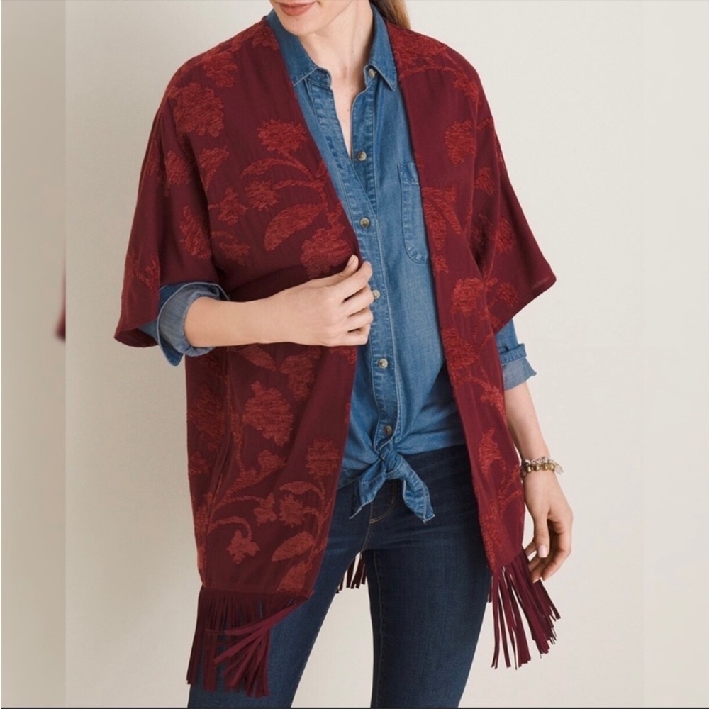 Chicos Red Chenille Floral Jacquard Ruana Wrap‎ Kimono Size Small